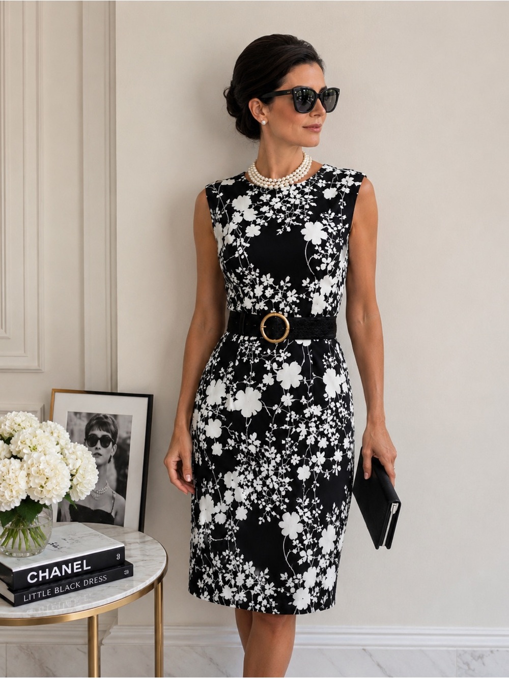 Connected Black & White Floral Sheath Dress Size 12 Belted Career Party